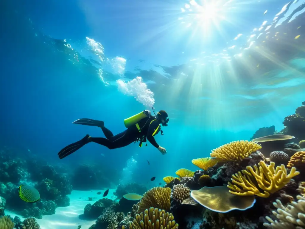 Un buceador se desliza con gracia entre aguas cristalinas, rodeado de arrecifes de coral vibrantes y una diversidad de vida marina colorida