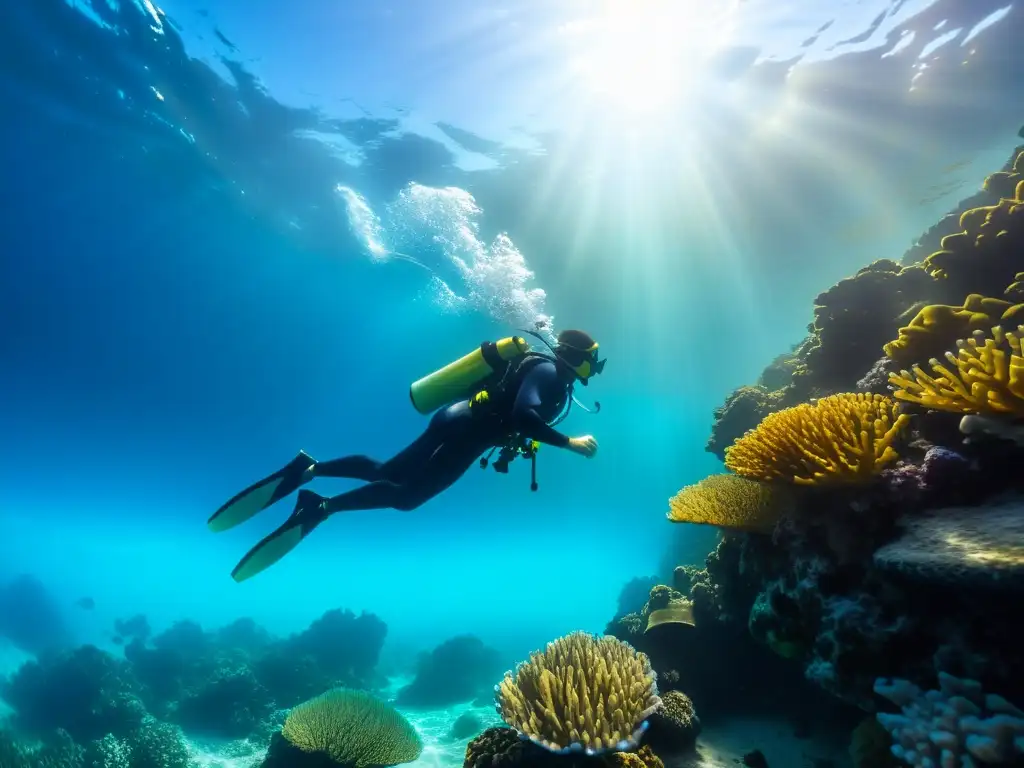 Un buceador surca con gracia las aguas cristalinas del océano, rodeado de coloridos arrecifes de coral y vida marina