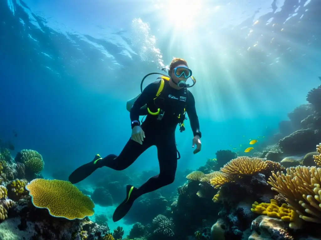 Un buceador desciende con gracia en aguas cristalinas del océano, rodeado de arrecifes de coral vibrantes y una miríada de vida marina