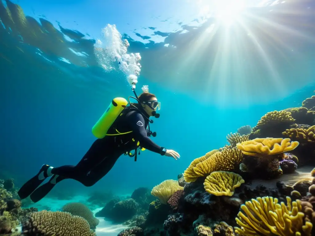 BCD innovador en el mundo submarino Un buceador flota con gracia en aguas cristalinas, rodeado de vida marina y coral vibrante, resaltando los BCD innovadores para controlar ascenso