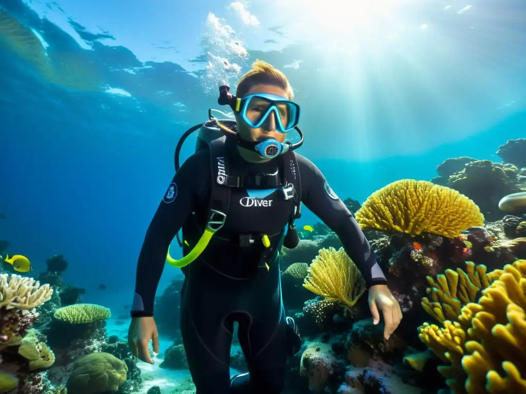 Un buceador desciende con gracia en un arrecife de coral vibrante, usando un traje de buceo con regulación térmica