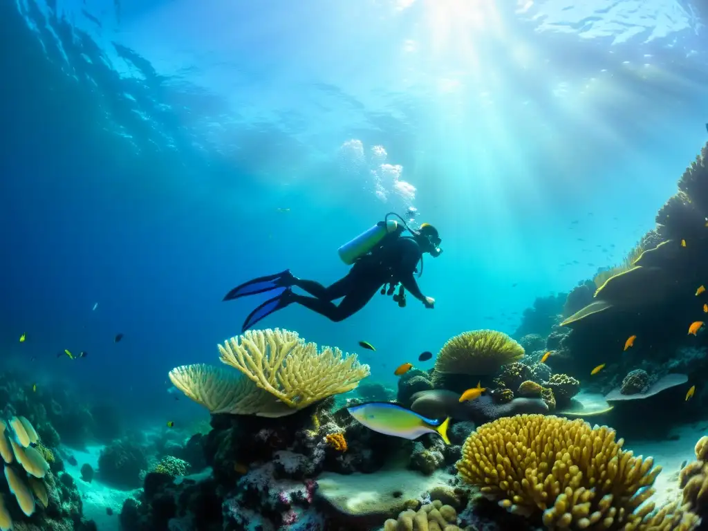 Un buceador nada con gracia entre un arrecife de coral vibrante, teñido de peces coloridos