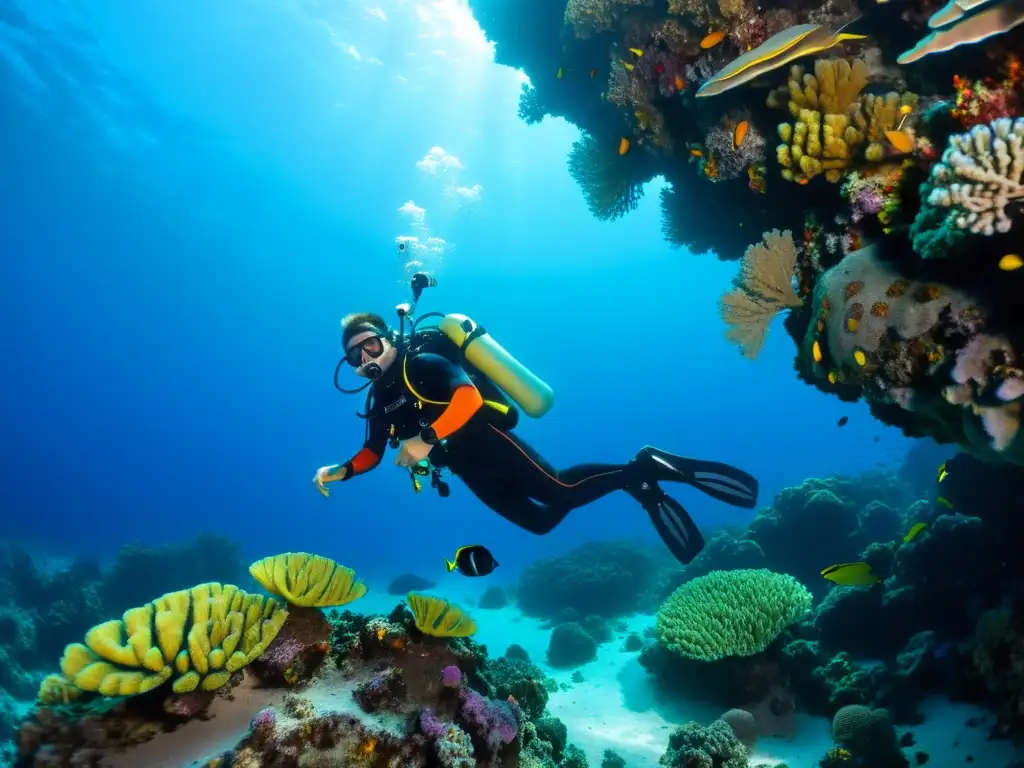Exploración submarina: ascenso controlado entre arrecifes Un buceador asciende con gracia entre arrecifes de coral vibrantes y vida marina, demostrando el control de BCD innovadores para controlar ascenso