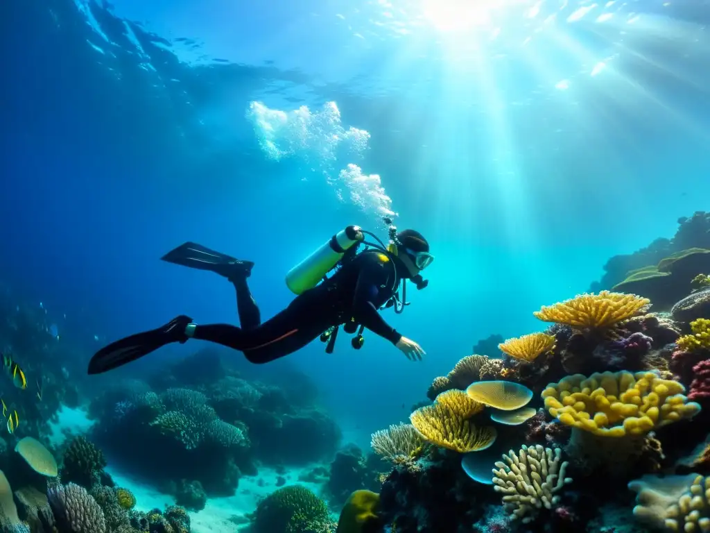 Exploración marina: inmersión elegante en arrecifes de colores Un buceador desciende con gracia entre arrecifes de coral y vida marina, usando BCD innovadores para controlar ascenso en el vibrante mundo submarino