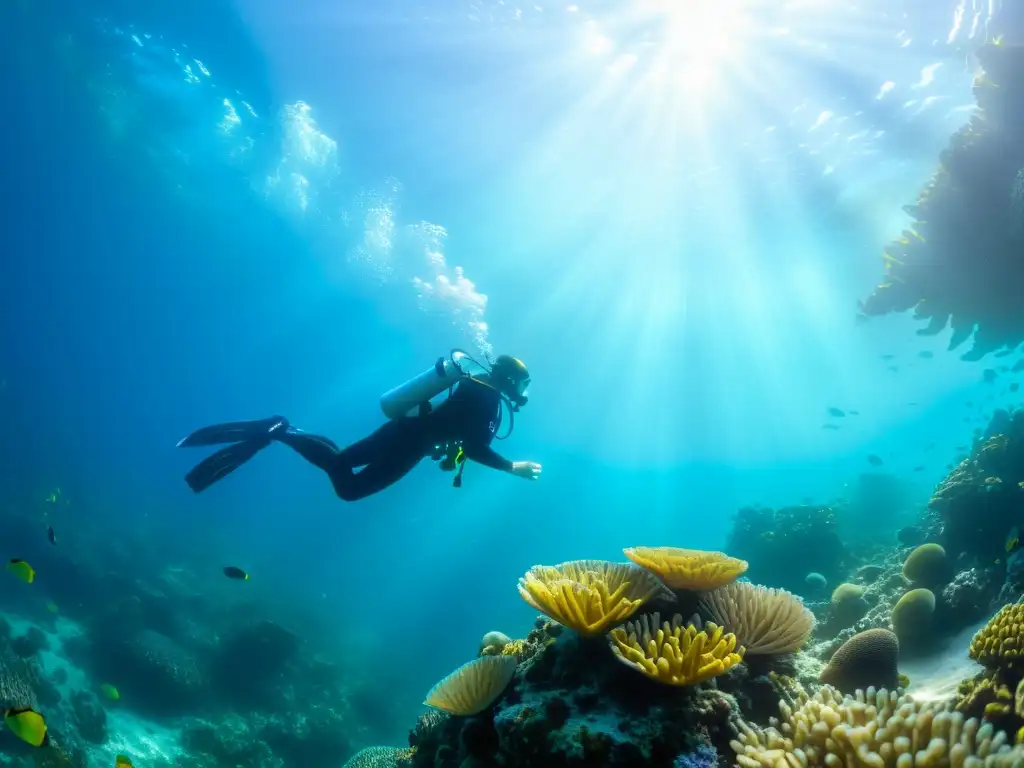 Un buceador nada con gracia en un vibrante arrecife de coral