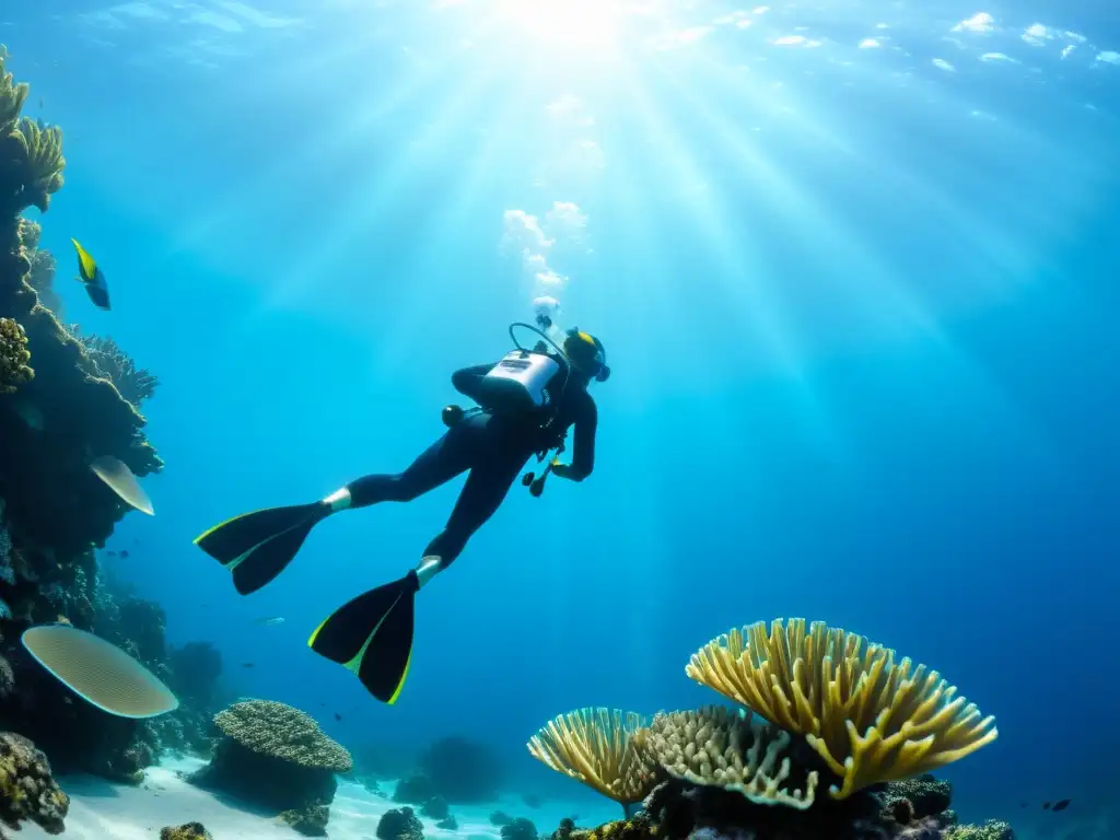 Un buceador gracioso se desliza con las aletas Cressi Ara EBS en aguas azules, iluminando el arrecife de coral