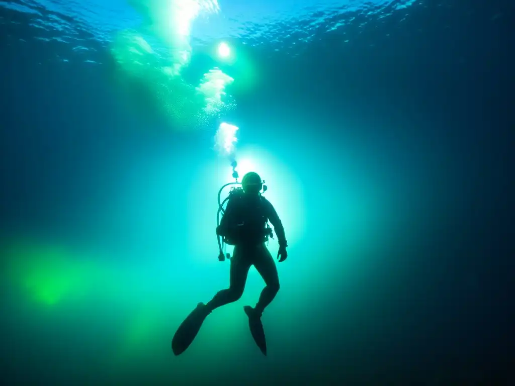 Un buceador iluminado por el resplandor de plancton bioluminiscente en un fiordo oscuro de Noruega