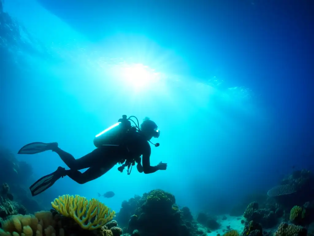 Un buceador iluminado por la suave luz azul de la mejor linterna buceo nocturno, rodeado de vida marina en un atmósfera cautivadora y etérea