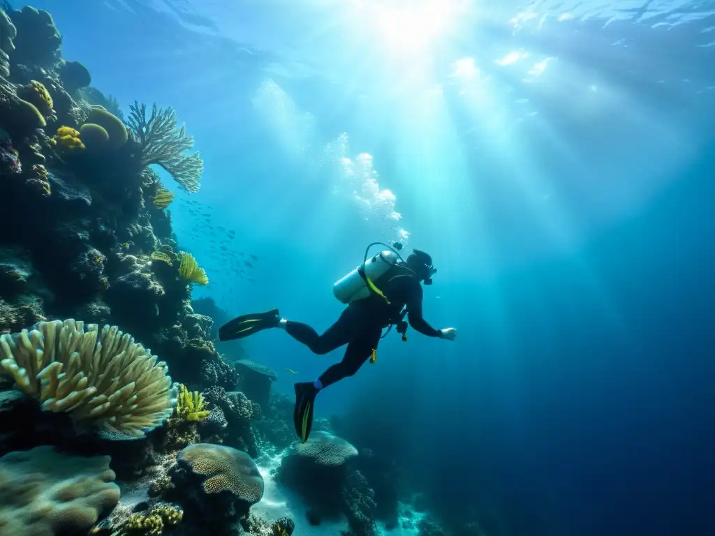 Un buceador descendiendo en un impresionante arrecife de coral, rodeado de vida marina