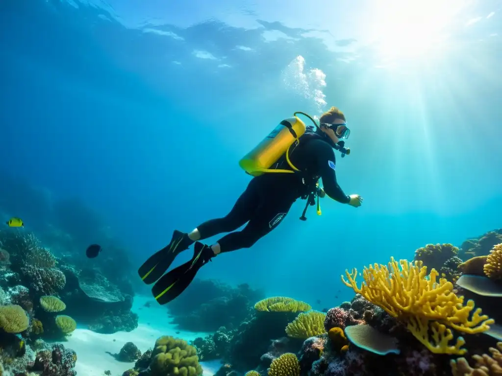 Buceador con moderno BCD en arrecife de coral Un buceador con un BCD innovador para controlar ascenso flota en aguas cristalinas, rodeado de vida marina y un arrecife de coral vibrante