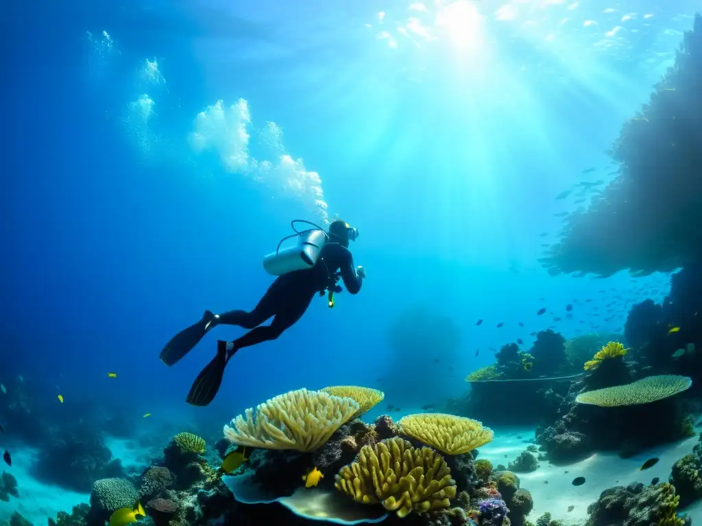 Un buceador nada grácilmente junto a un arrecife de coral vibrante, rodeado de vida marina colorida y plantas marinas ondeantes