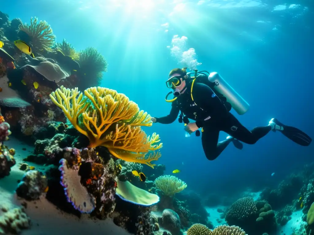 Un buceador nada graciosamente junto a un arrecife de coral vibrante, con el regulador ScubaPro MK25 claramente visible