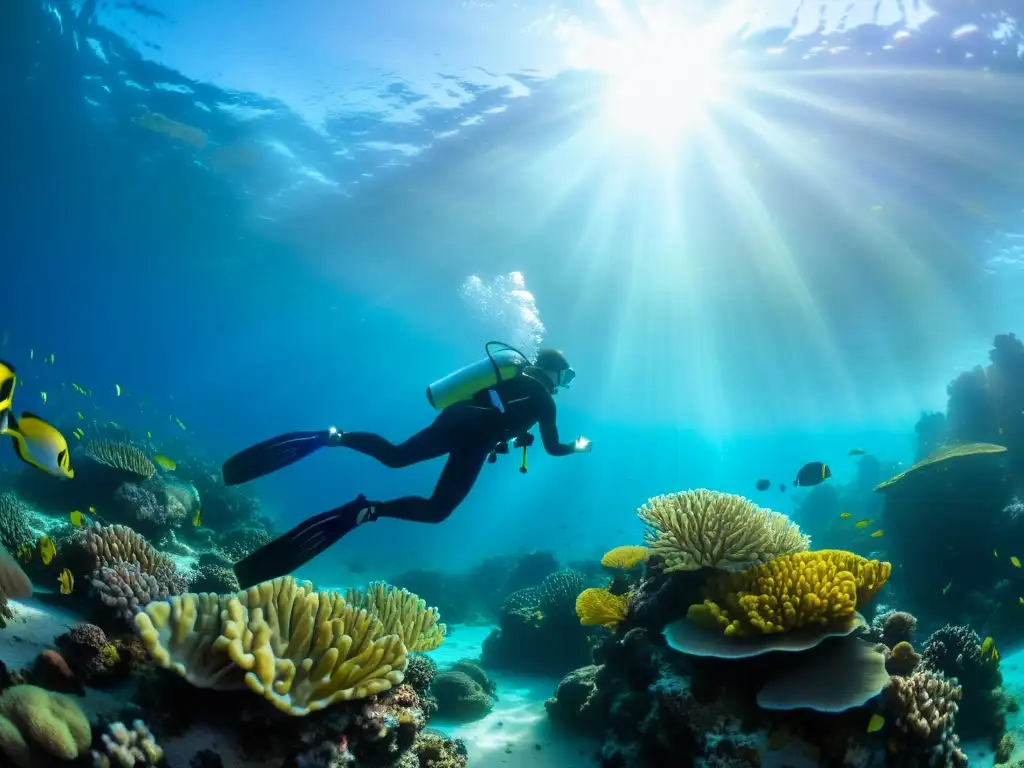 Un buceador nada elegantemente junto a un vibrante arrecife de coral
