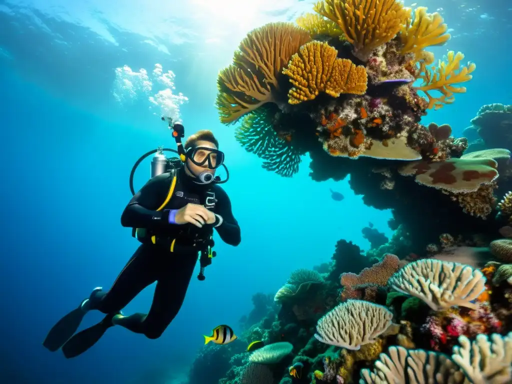 Un buceador con todo su kit de buceo técnico profesional rodeado de vida marina en un arrecife de coral vibrante