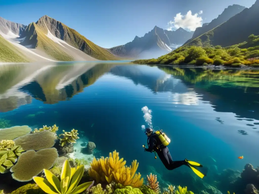 Un buceador explora un lago de alta montaña, rodeado de plantas acuáticas y peces coloridos