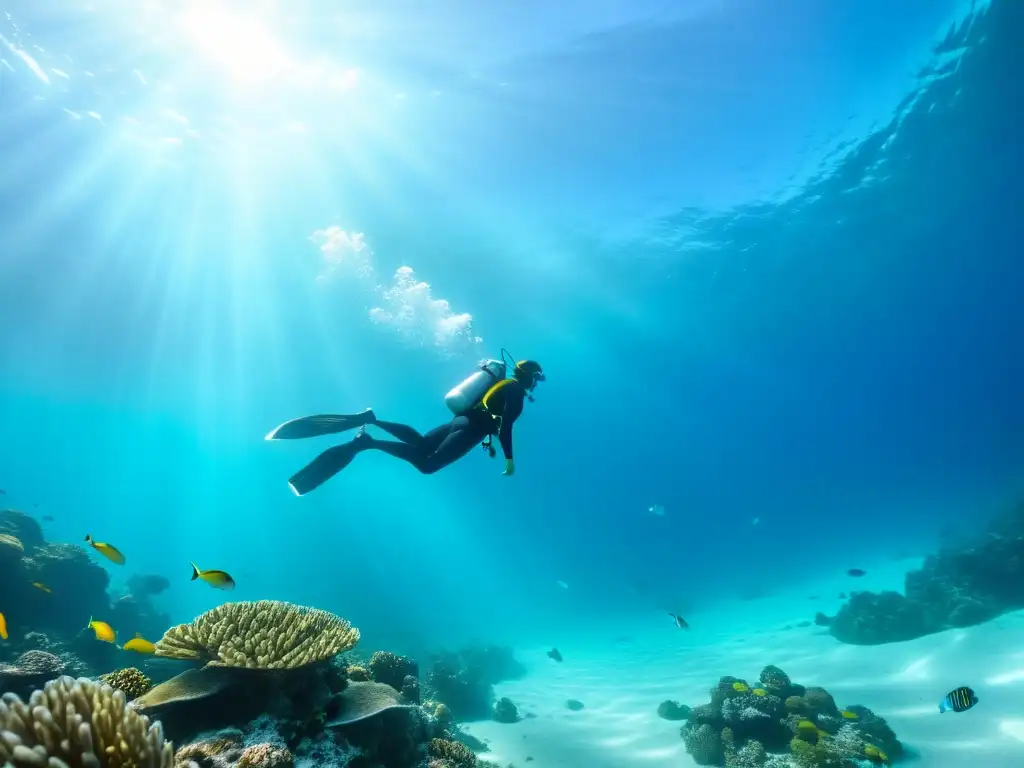 Un buceador libre se desliza graciosamente en aguas turquesas cristalinas, rodeado de un vibrante arrecife de coral repleto de peces coloridos