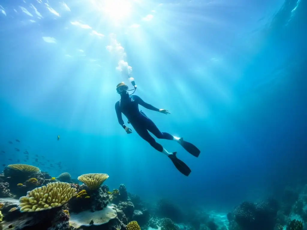 Un buceador libre desciende graciosamente entre arrecifes de coral vibrantes y una diversa vida marina