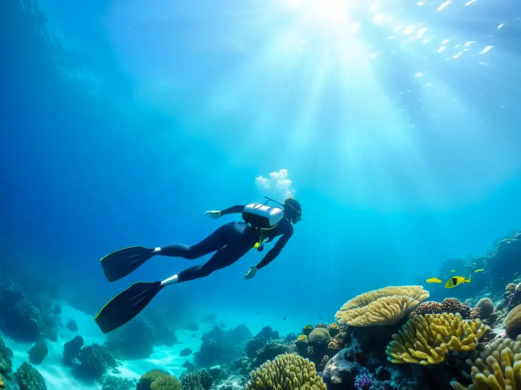 Un buceador libre se desliza con gracia entre aguas cristalinas, rodeado de arrecifes de coral vibrantes y una diversa vida marina