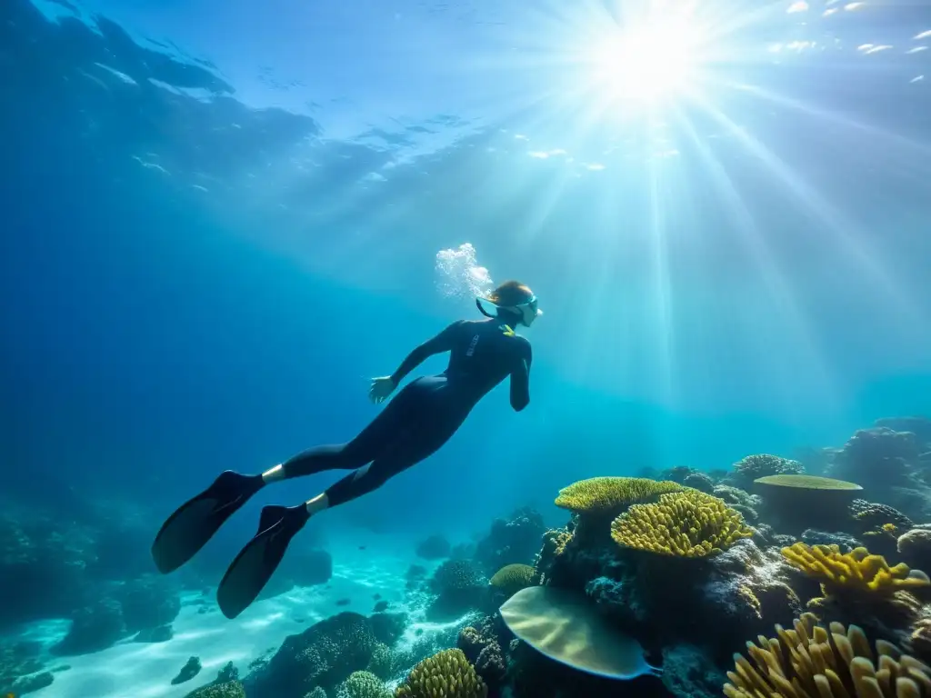 Un buceador libre se desliza con gracia entre arrecifes de coral vibrantes y vida marina, bajo la luz filtrada del sol