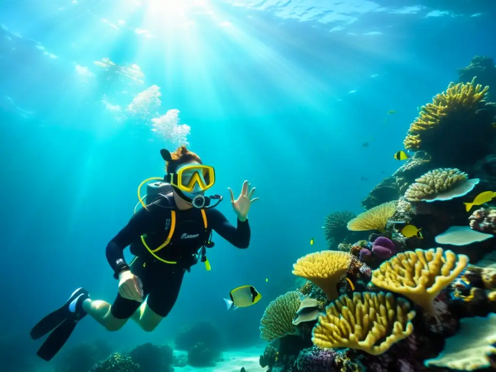 Un buceador maravillado explora un arrecife de coral con una máscara de buceo de alta calidad