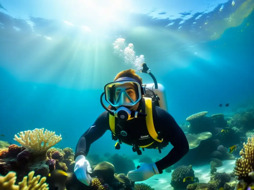 Un buceador maravillado observa el arrecife a través de su máscara de buceo con sistema antiempañante, mientras las burbujas flotan a su alrededor