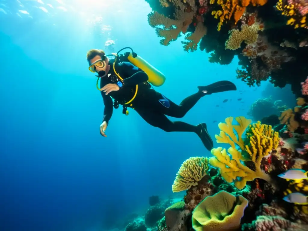 Un buceador maravillado explora el vibrante arrecife de coral bajo el agua