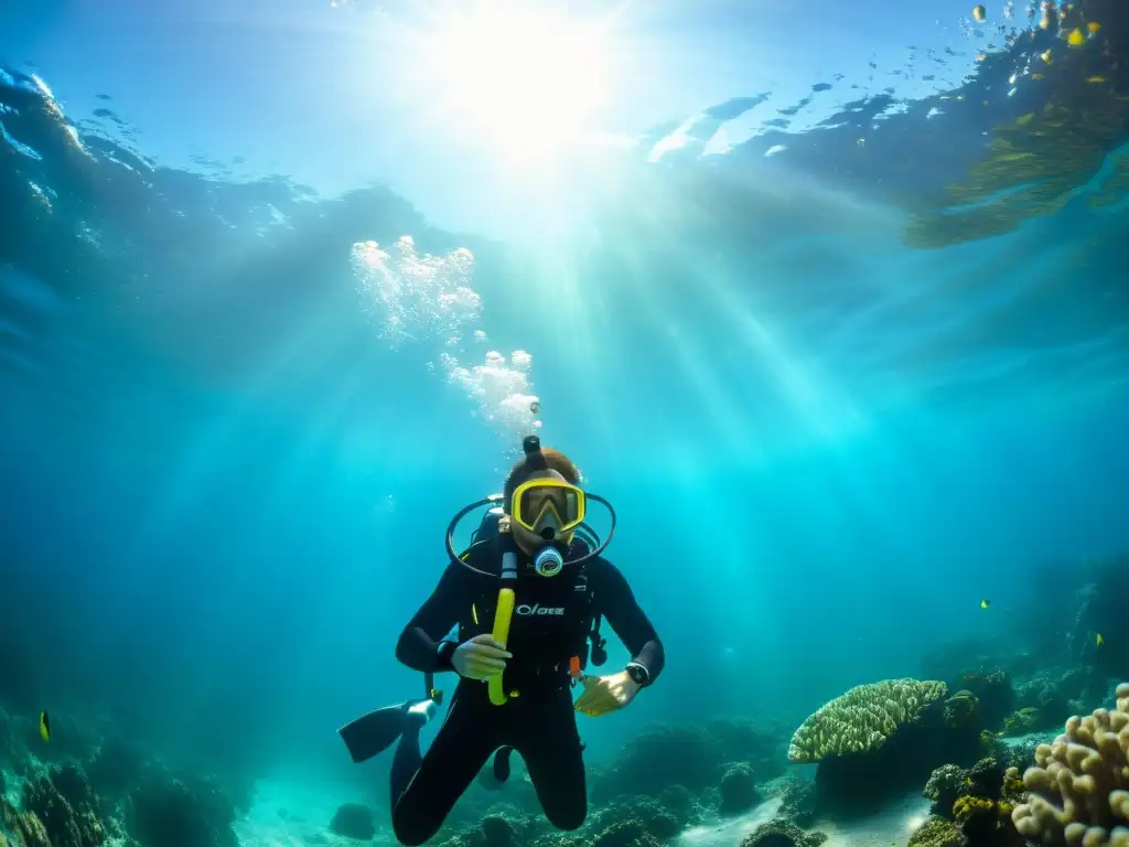 Un buceador con máscara de buceo clara rodeado de burbujas en un paisaje submarino