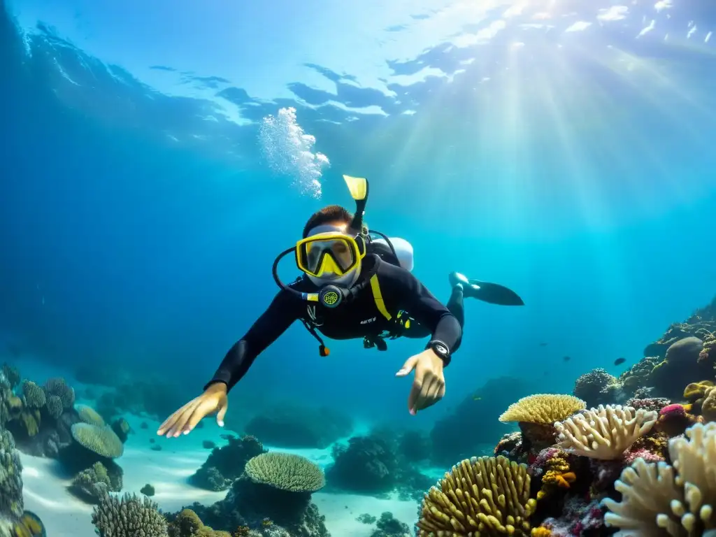 Un buceador con la mejor máscara de buceo 2022 explora un vibrante arrecife de coral, en un escenario submarino de luz y sombras