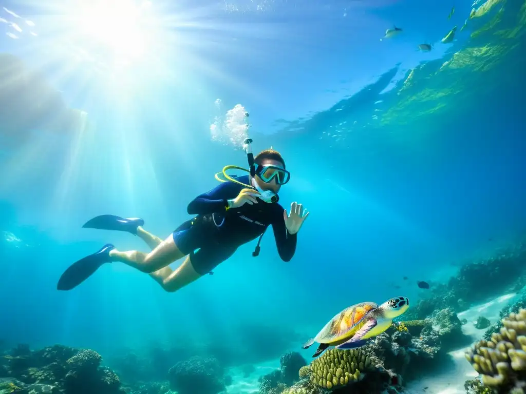 Un buceador con la Mejor Mascarilla de Snorkel Facial rodeado de vida marina y corales vibrantes bajo el agua cristalina, con una expresión de asombro