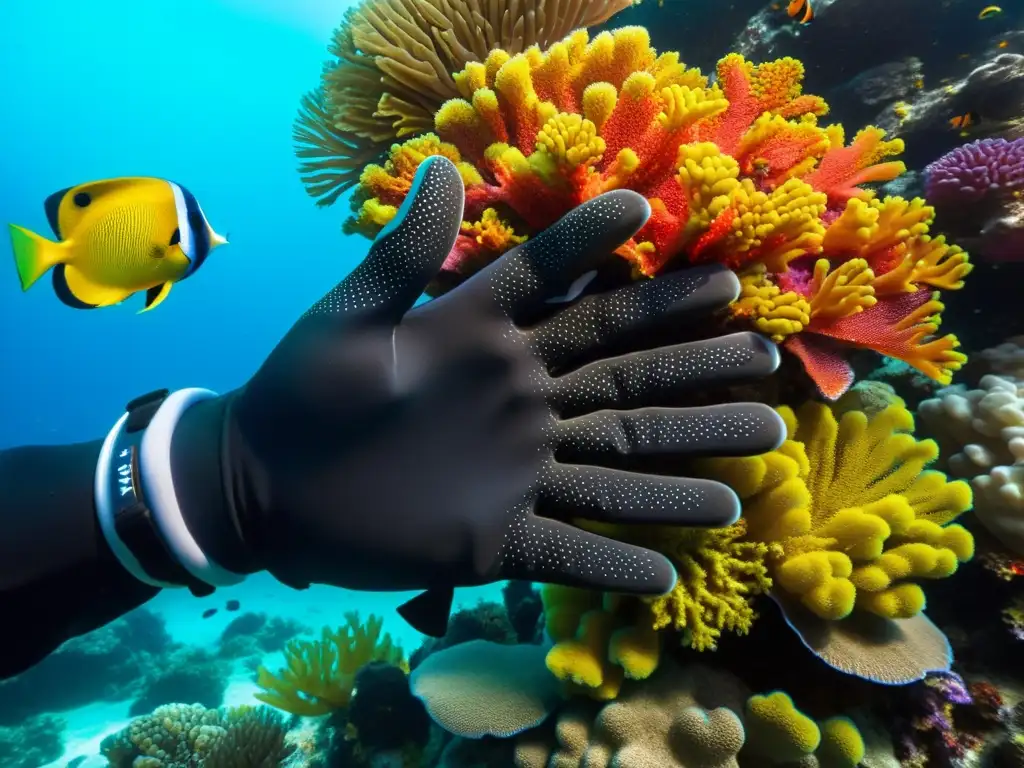 Un buceador con los mejores guantes de buceo resistencia agarre, rodeado de coloridos corales y peces tropicales en un vibrante escenario submarino