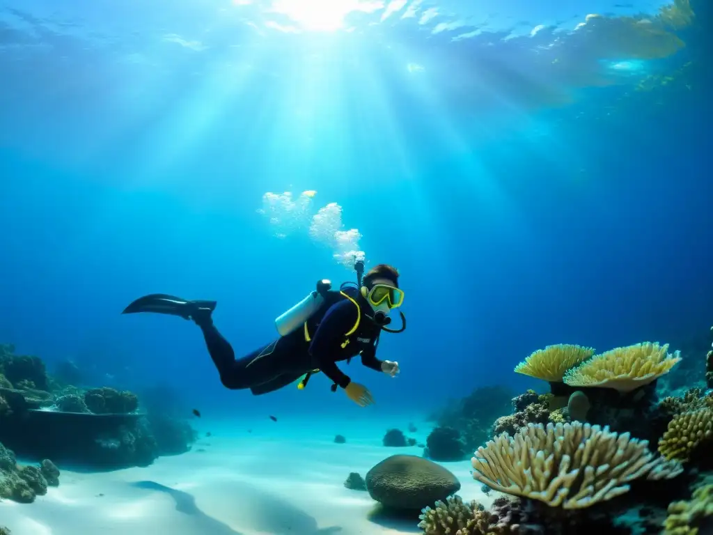 Un buceador con una de las mejores máscaras de buceo 2022 explora un vibrante arrecife de coral bajo el agua cristalina