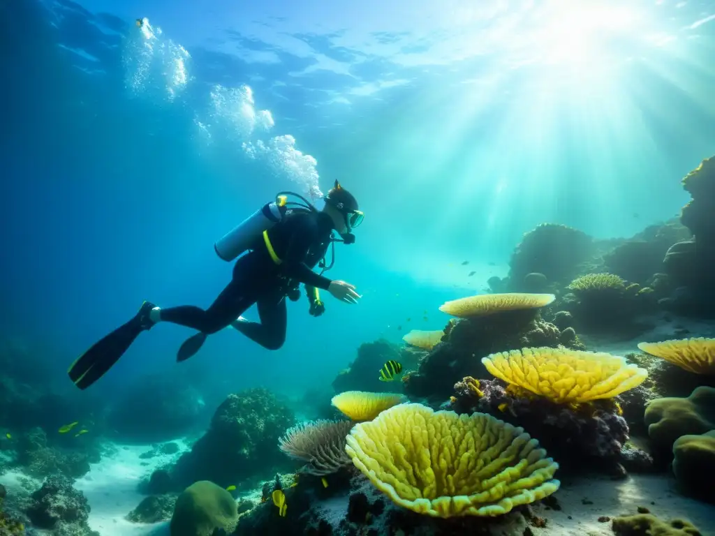 Un buceador recolecta minerales marinos poder curativo piel entre coloridos arrecifes de coral y peces en un escenario submarino