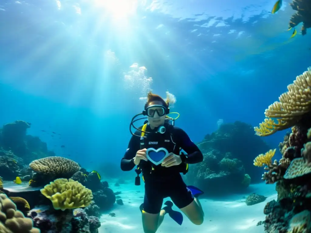 Un buceador con monitor cardíaco explora un arrecife de coral, mostrando la importancia del buceo seguro para personas con enfermedades cardíacas