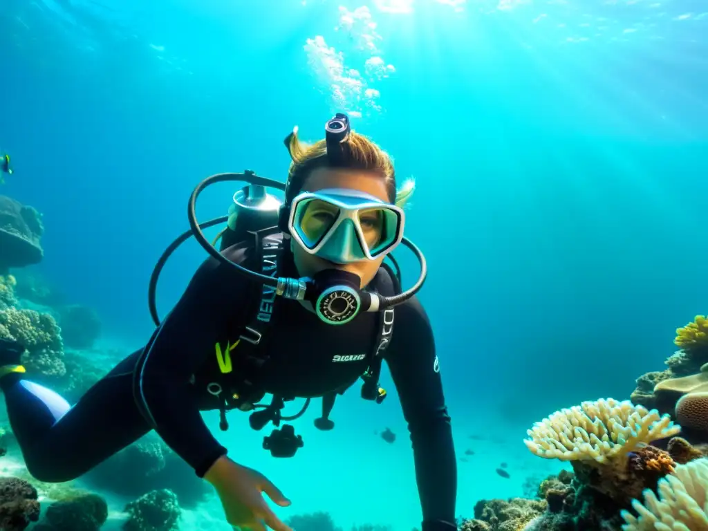 Un buceador explora un mundo submarino asombroso con el regulador ScubaPro MK25, rodeado de aguas cristalinas y vida marina vibrante