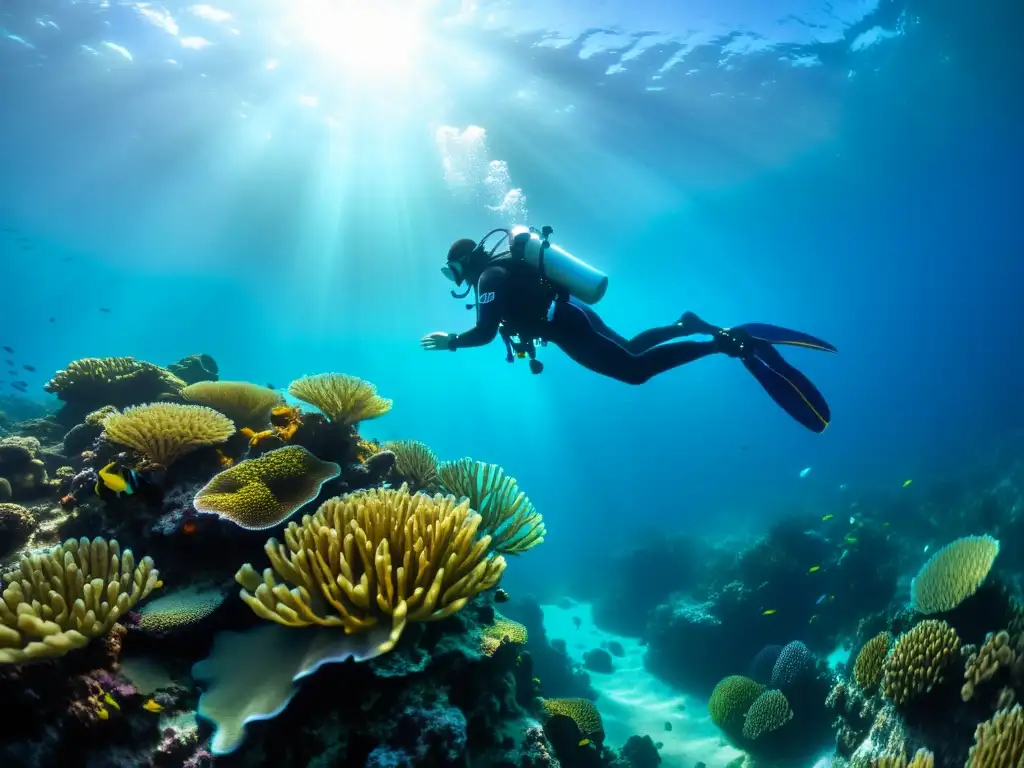 Exploración submarina en arrecifes de coral Un buceador desciende hacia un mundo submarino de belleza única, rodeado de arrecifes de coral y vida marina, con protocolos de seguridad buceo altura