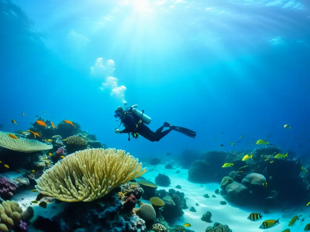 Un buceador explora el mundo submarino rodeado de vida marina colorida y arrecifes de coral en aguas cristalinas, transmitiendo serenidad y asombro