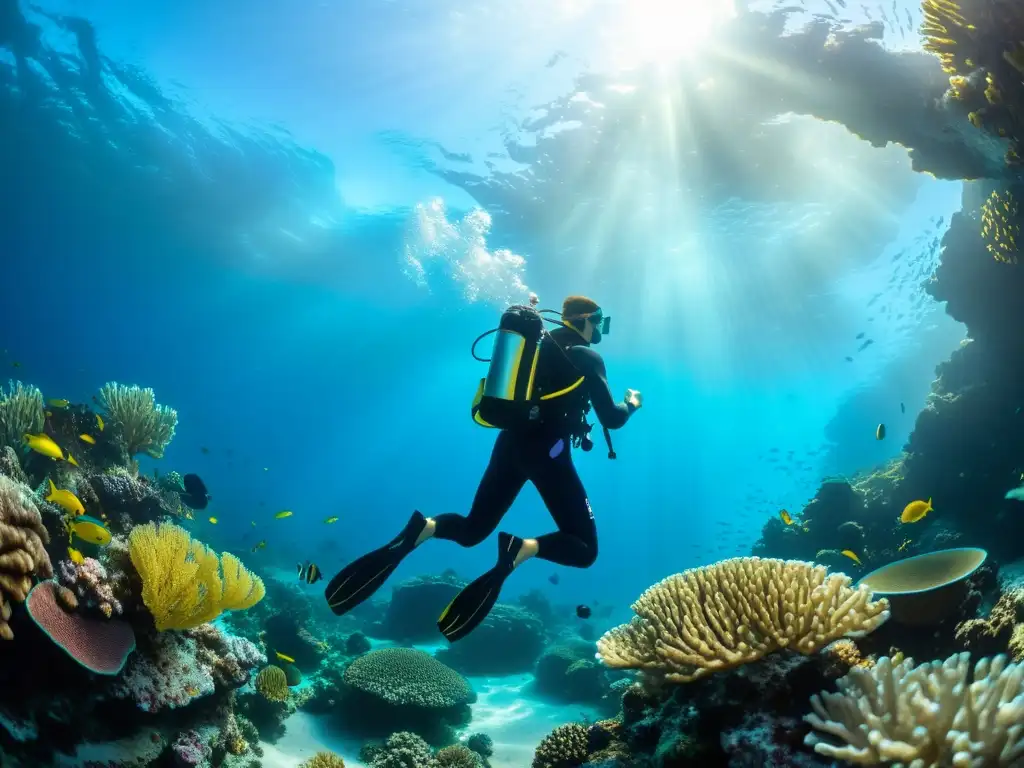 Un buceador nada graciosamente entre un vibrante arrecife de coral, rodeado de vida marina colorida, bajo la luz del sol