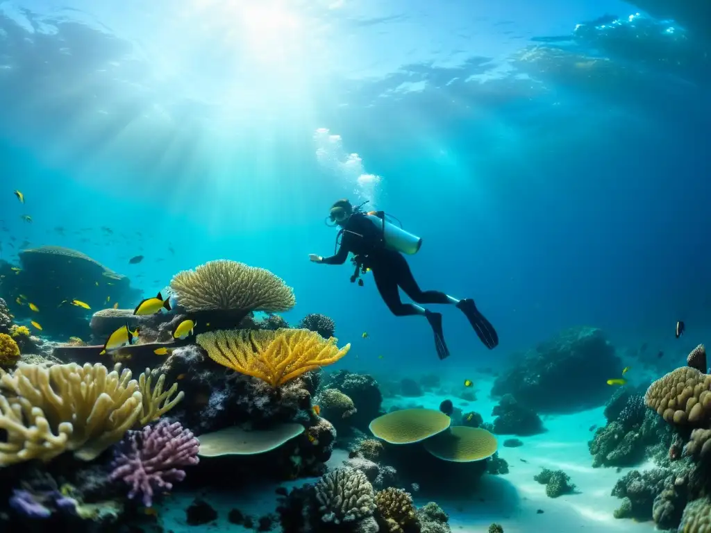 Un buceador nada graciosamente entre la vida marina y un arrecife de coral, bajo el agua cristalina