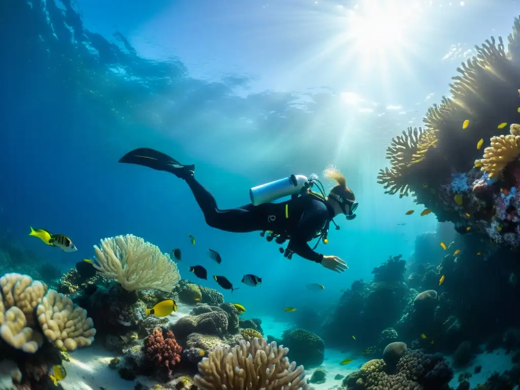 Un buceador atraviesa un paisaje marino impresionante, rodeado de vida submarina en un océano cristalino