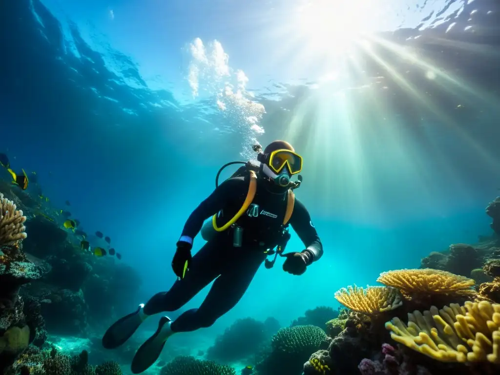 Un buceador en un paisaje submarino de coral vibrante, con luz solar filtrándose a través del agua