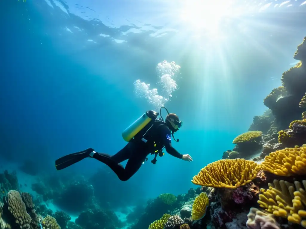 Un buceador en perfecta estabilidad rodeado de vida marina y arrecifes de coral, demostrando la importancia de ejercicios de estabilidad para buceo