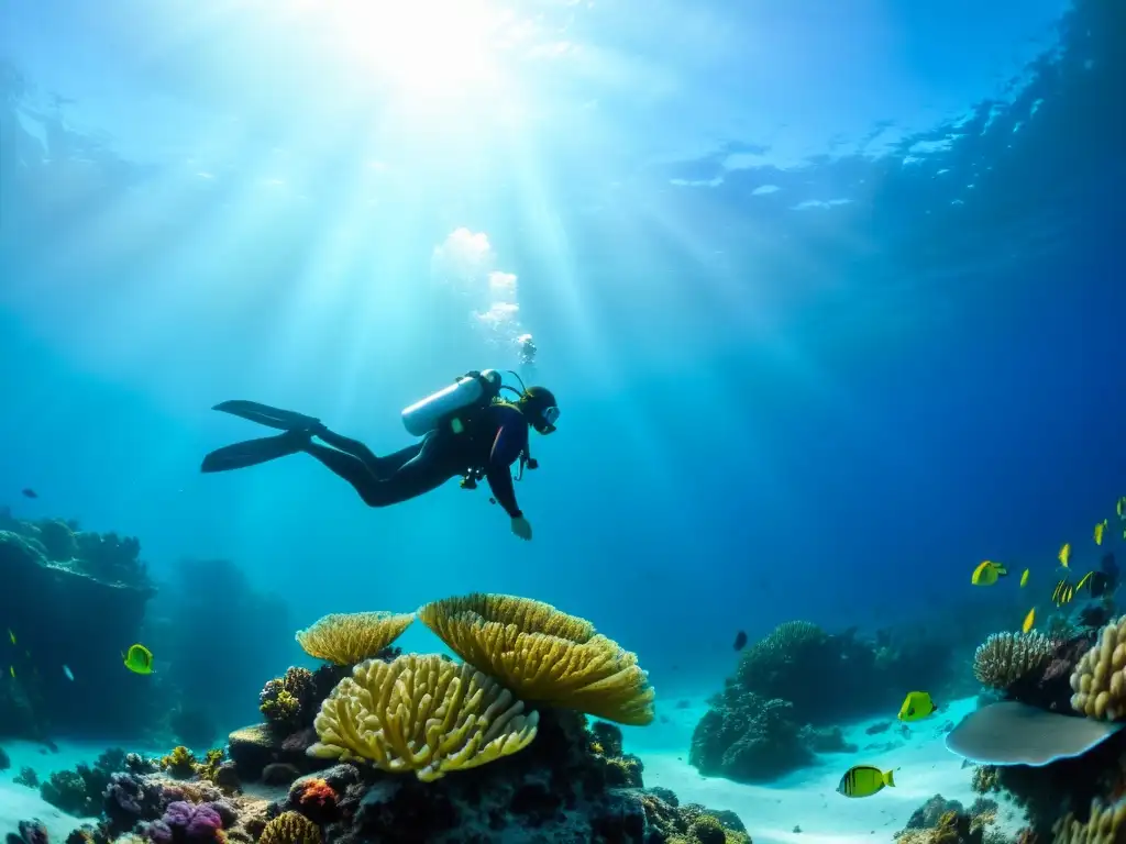 Un buceador en perfecta flotabilidad sobre un arrecife de coral vibrante, destacando técnicas avanzadas de flotabilidad marina