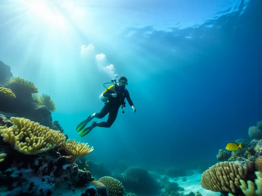 Un buceador en perfecta flotabilidad sobre un impresionante arrecife de coral