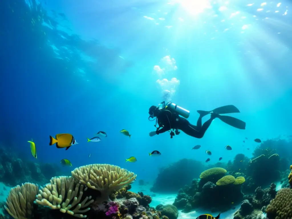 Un buceador en perfecta flotabilidad rodeado de peces y coral brillante, con técnicas avanzadas de flotabilidad marina