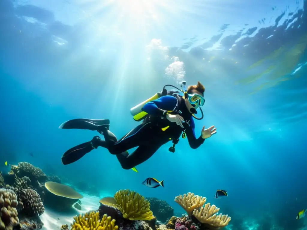 Un buceador en perfecto control de la flotabilidad, rodeado de peces de colores en un mundo submarino tranquilo y vibrante