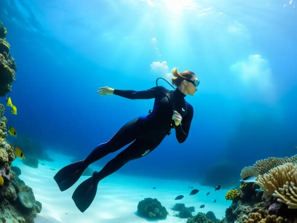 Un buceador en perfecto split, rodeado de la belleza del océano, destaca la importancia del estiramiento en buceo