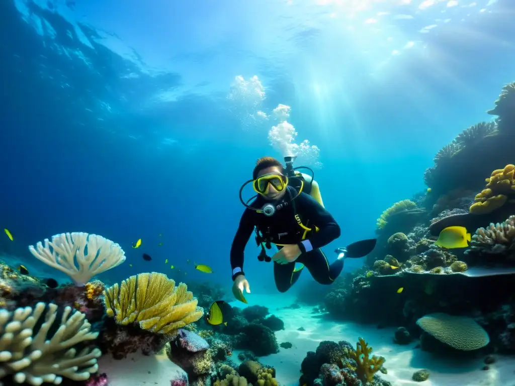 Un buceador en pleno equipo rodeado de un vibrante arrecife de coral y coloridas criaturas marinas