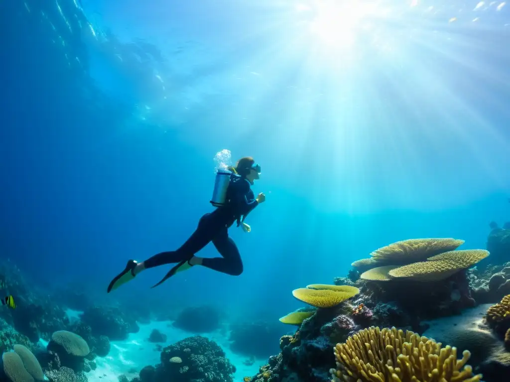 Yoga en el fondo marino: armonía acuática Un buceador en una pose de yoga entre corales y peces, fusionando técnicas de yoga con el mundo submarino
