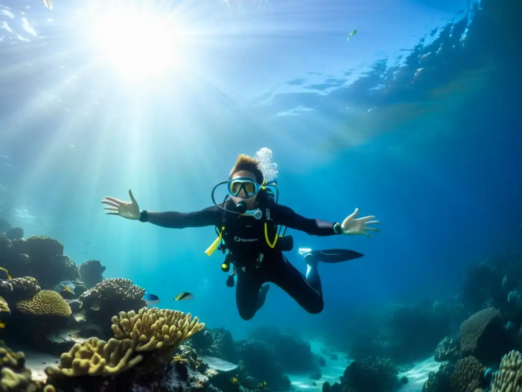 Un buceador en posición horizontal, rodeado de coral y peces tropicales, practica técnicas de respiración