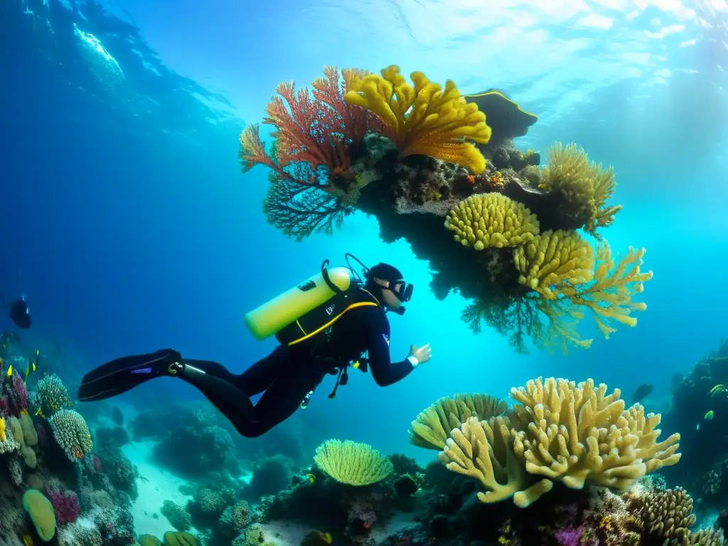 Buceador profesional explorando un arrecife de coral con vibrante vida marina y baterías de larga duración para buceo